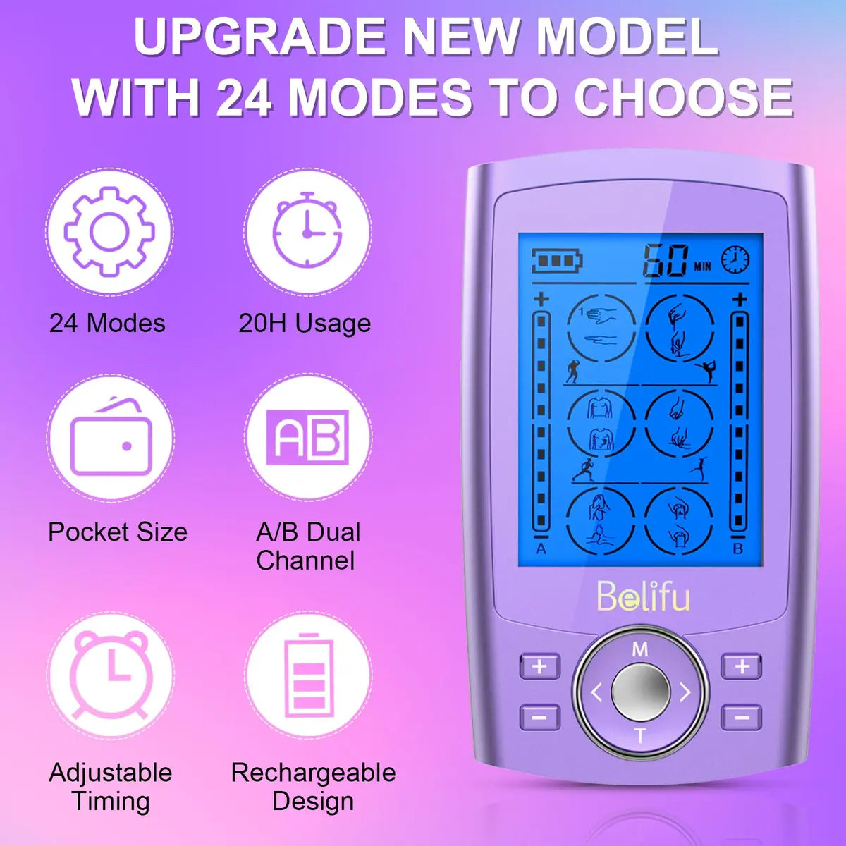 Belifu TENS & PMS Muscle Stimulator 24 Modes | Pain Relief & Therapy Device with 10 Pads - view 3