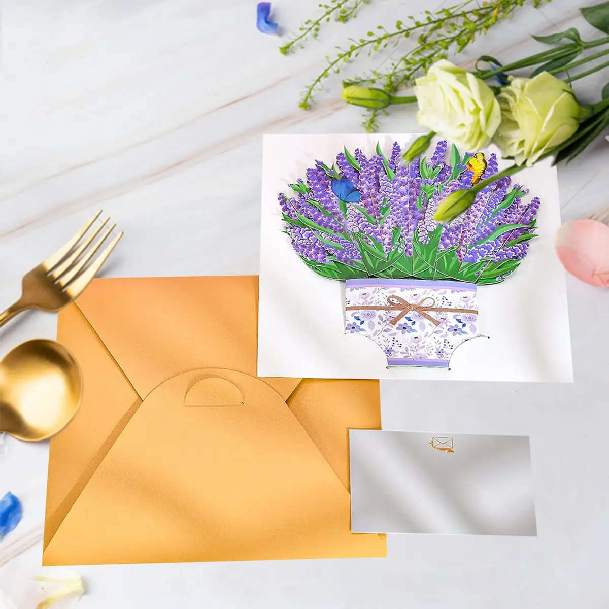 ROBBEAR Lavender Bouquet Pop Up Card, 3D Flower Greeting Card with Envelope 22cm (8.7") x 18cm (7.1") | Handmade Laser-Cut Paper Art - view 3