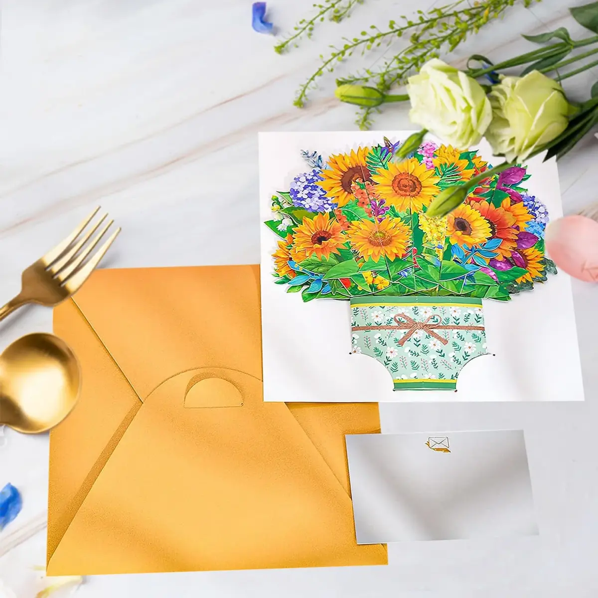 ROBBEAR Sunflower Bouquet Pop Up Card 8.7 x 7.1 Inch | Handmade 3D Flower Greeting Card for Any Occasion - view 3