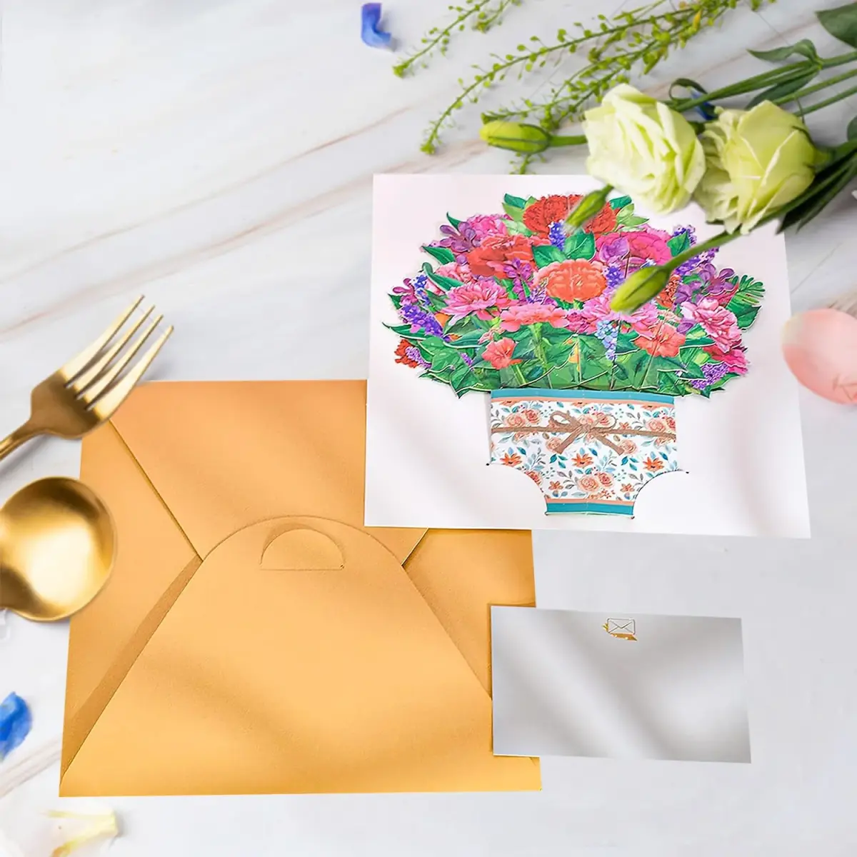 ROBBEAR Carnation Bouquet Pop Up Card 22cm (8.7") | Handmade 3D Flower Greeting Card for Any Occasion - view 3