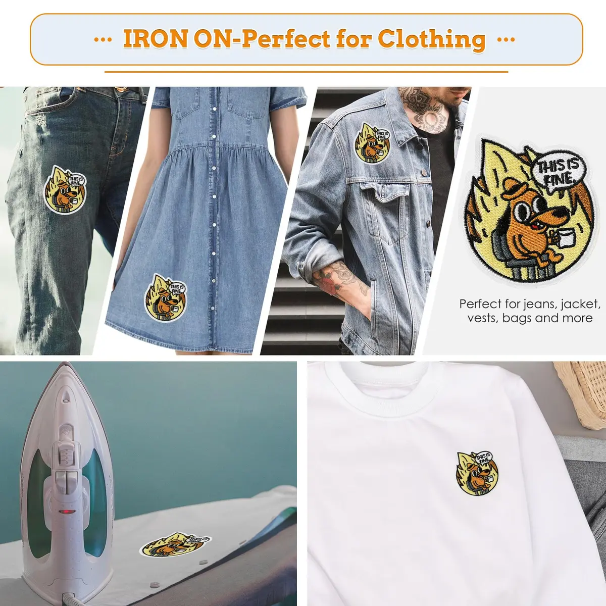 XMJY 2 Pcs This is Fine Dog Patches - Iron On/Sew On Embroidered Patch, Funny Morale Patch, Cute Applique Accessories for Jackets, Jeans, Vests, Clothes, Tote Bags | 3''L X 2.4''W - view 3