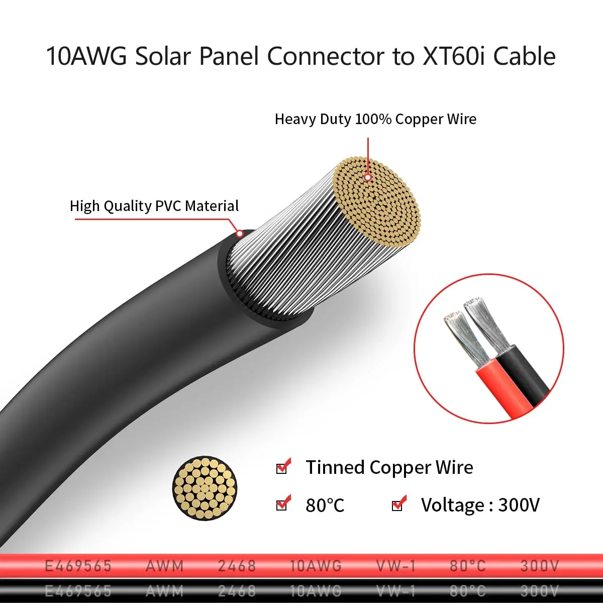 ELFCULB 10AWG 10FT Solar to XT60i Cable for Portable Power Stations | Waterproof, 300V, UL2468 Certified - view 4