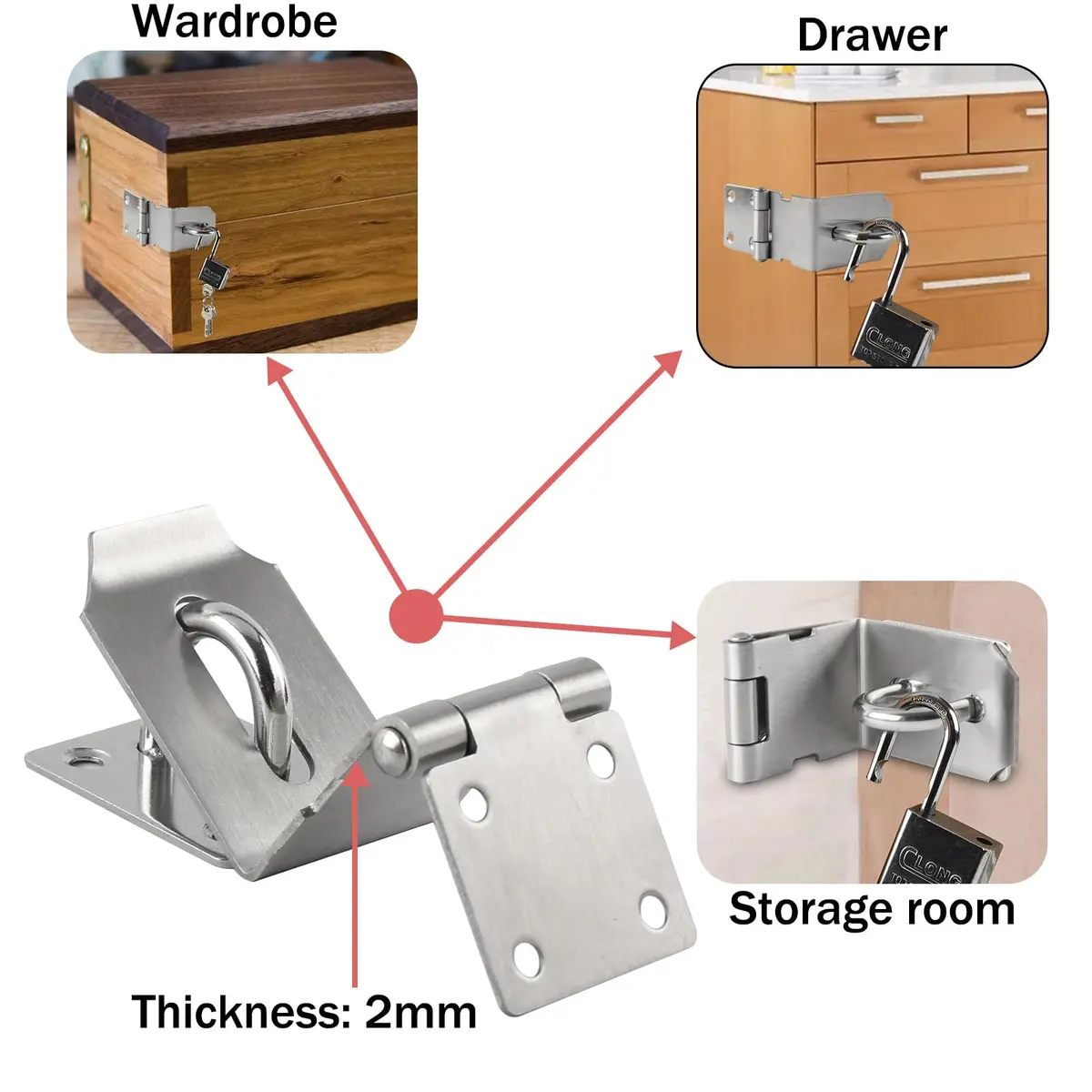 HOWDIA 4 Inch Door Lock Latch Padlock Hasp Set, 90 Degree Lock with Screws & Padlock, Stainless Steel Security Door Clasp for Shed/Gate/Storage - view 4