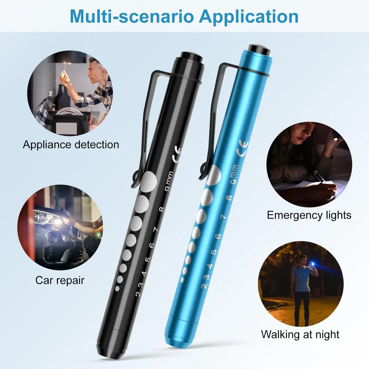 RISEMART LED Pen Lights for Nurses, 2-Pack Medical Penlight with Pupil Gauge & Ruler | White Light, Black/Blue - view 5
