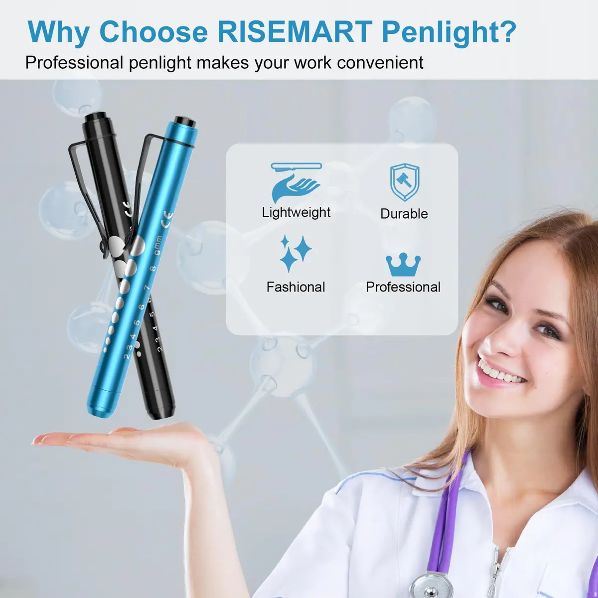 RISEMART LED Pen Lights for Nurses, 2-Pack Medical Penlight with Pupil Gauge & Ruler | White Light, Black/Blue - view 6