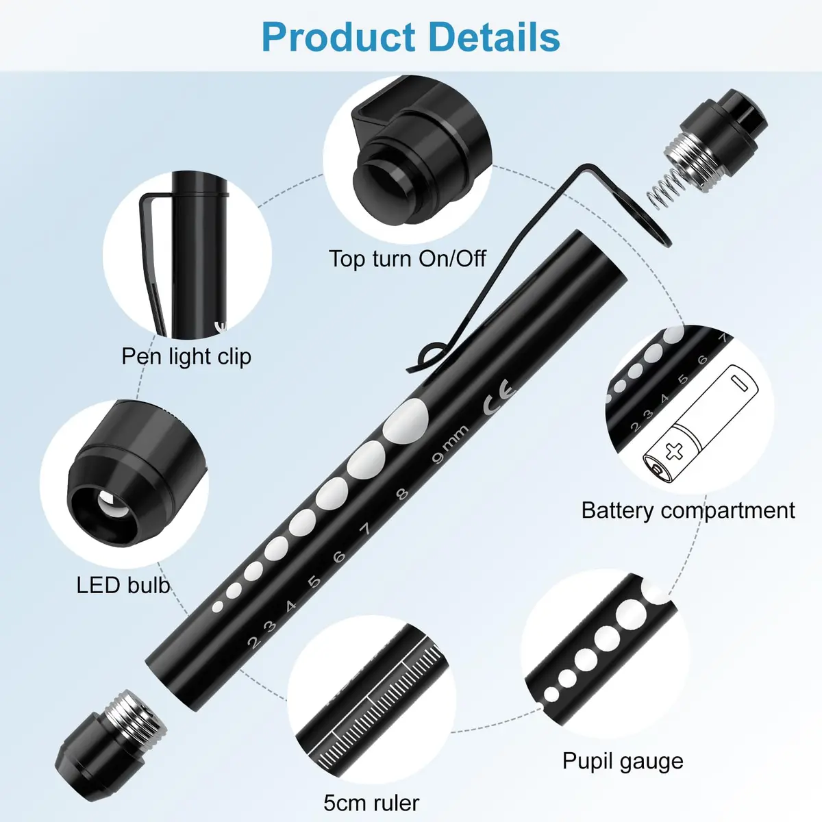 RISEMART LED Pen Lights for Nurses, 2-Pack Medical Penlight with Pupil Gauge & Ruler | White Light, Black/Blue - view 3