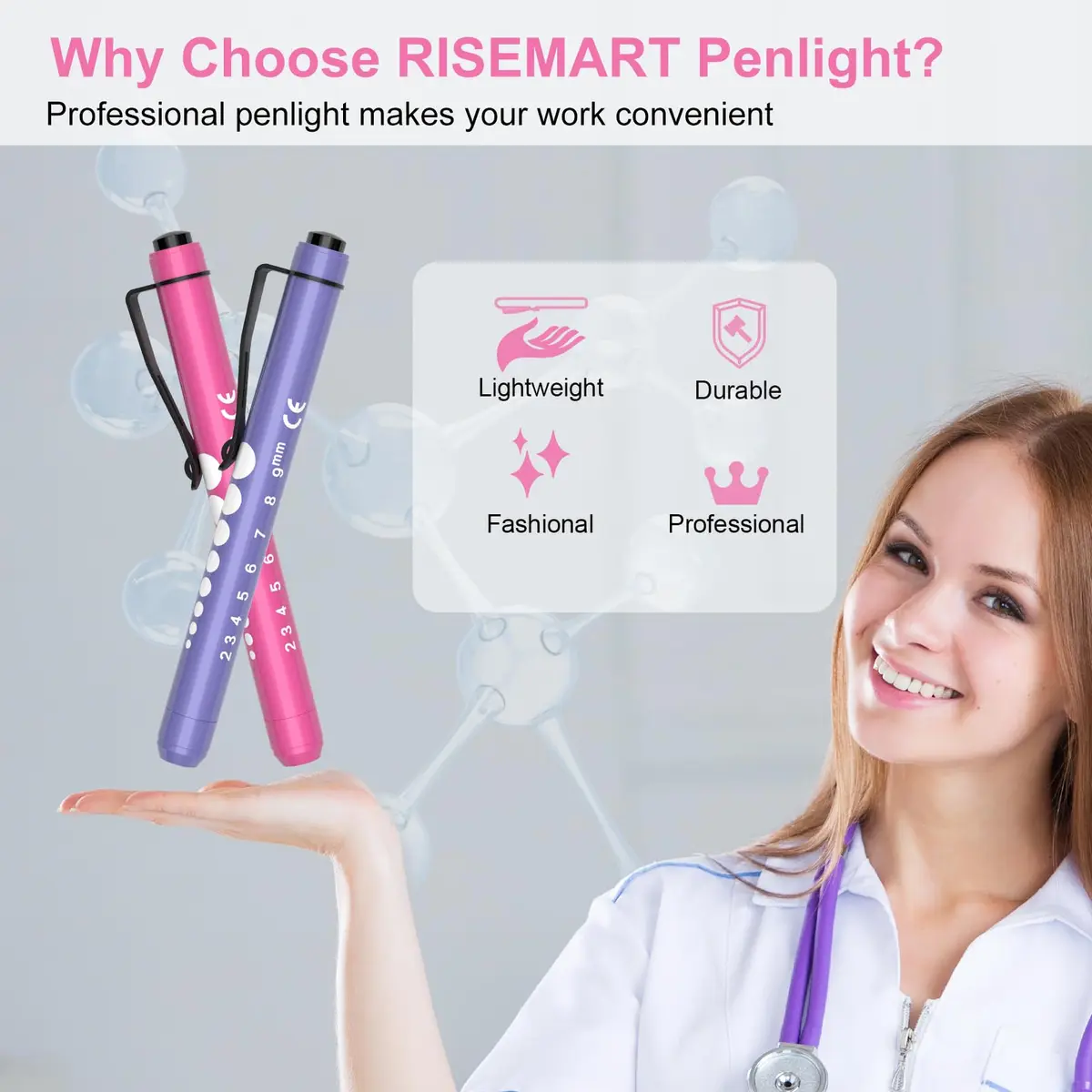 RISEMART LED Pen Lights for Nurses, 2-Pack Medical Penlight with Pupil Gauge & Ruler | White Light, Aluminum Alloy - view 6