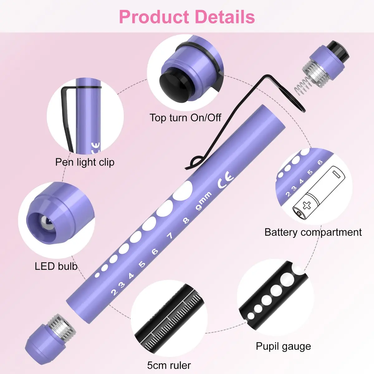 RISEMART LED Pen Lights for Nurses, 2-Pack Medical Penlight with Pupil Gauge & Ruler | White Light, Aluminum Alloy - view 3