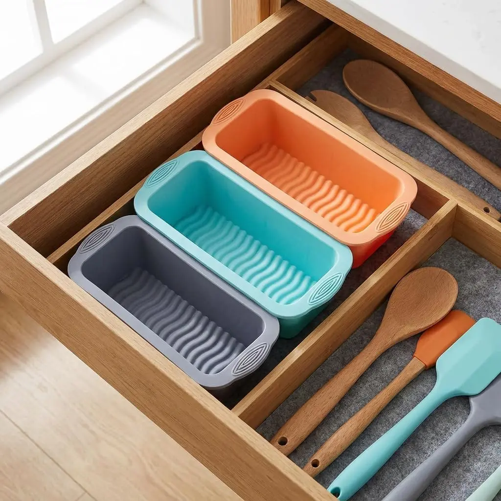 MONGSEW 3-Piece Silicone Bread Loaf Pan Set 2.75 inches (6.98 cm) Deep | Nesting Design for Easy Storage - view 7