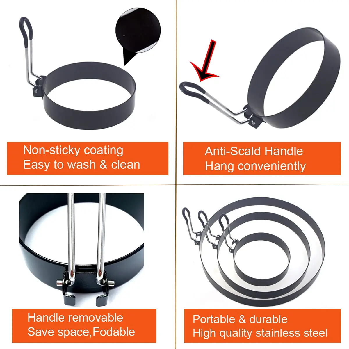 WOWITIS Large 2 Pack 8" Omelette Ring for Griddle | Non-stick Stainless Steel Egg Separator with Silicone Handle - view 8