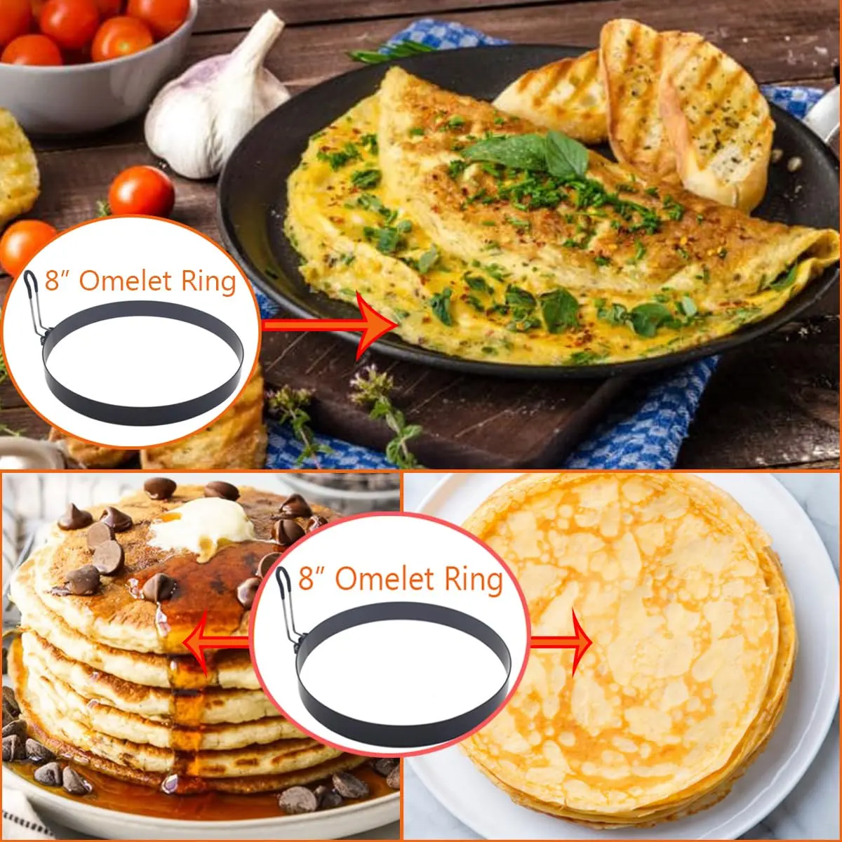WOWITIS Large 2 Pack 8" Omelette Ring for Griddle | Non-stick Stainless Steel Egg Separator with Silicone Handle - view 3