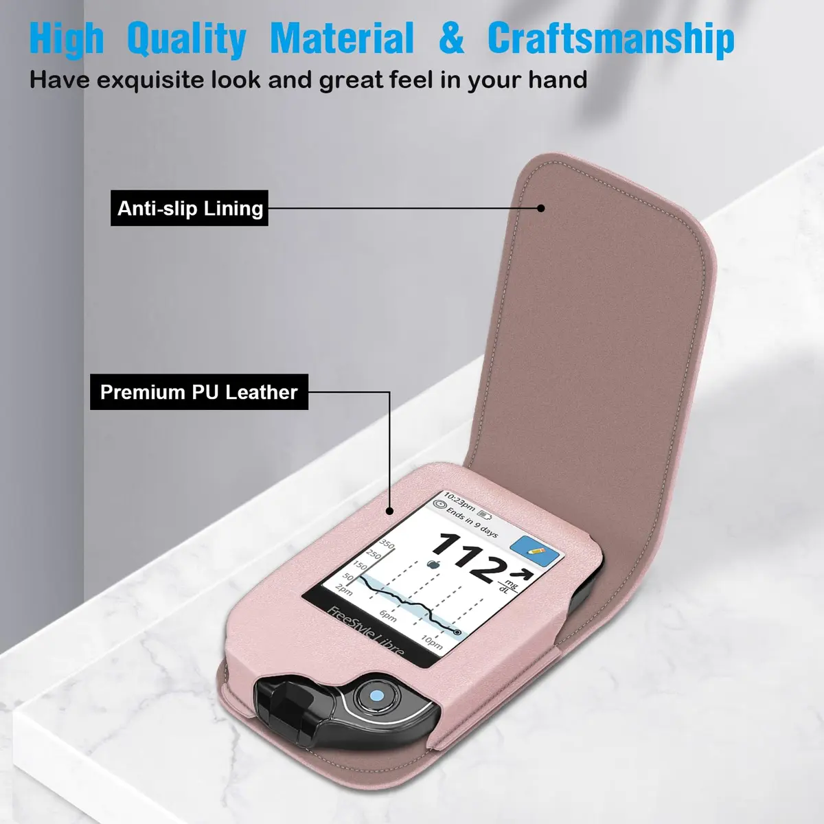 MEDMAX PU Leather Protective Case for Freestyle Libre 3 2 / Reader | Rose Gold, Lightweight Shockproof Diabetic Storage Carrying Case with Carabiner Clip and Handle (1-Pack) - view 3