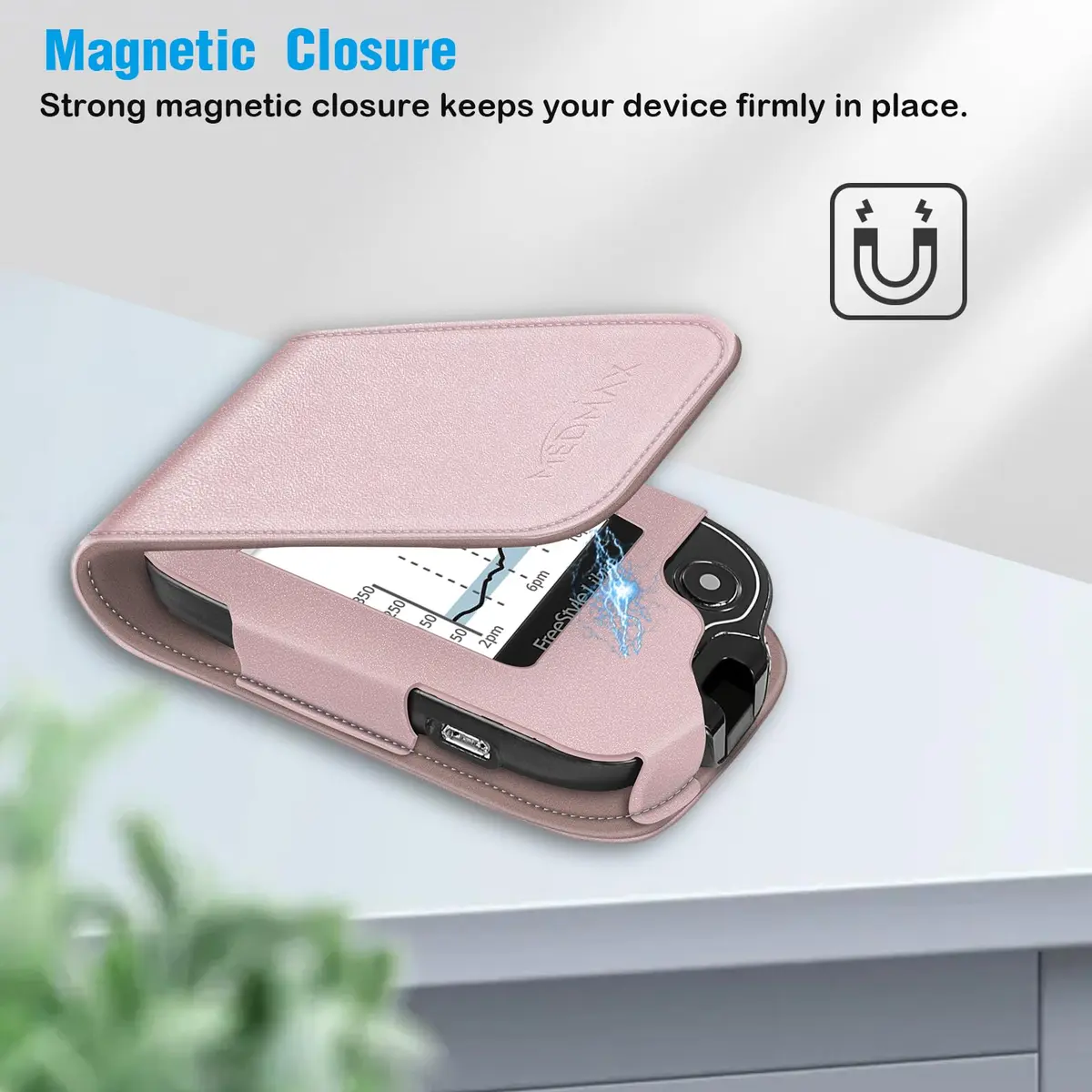 MEDMAX PU Leather Protective Case for Freestyle Libre 3 2 / Reader | Rose Gold, Lightweight Shockproof Diabetic Storage Carrying Case with Carabiner Clip and Handle (1-Pack) - view 4