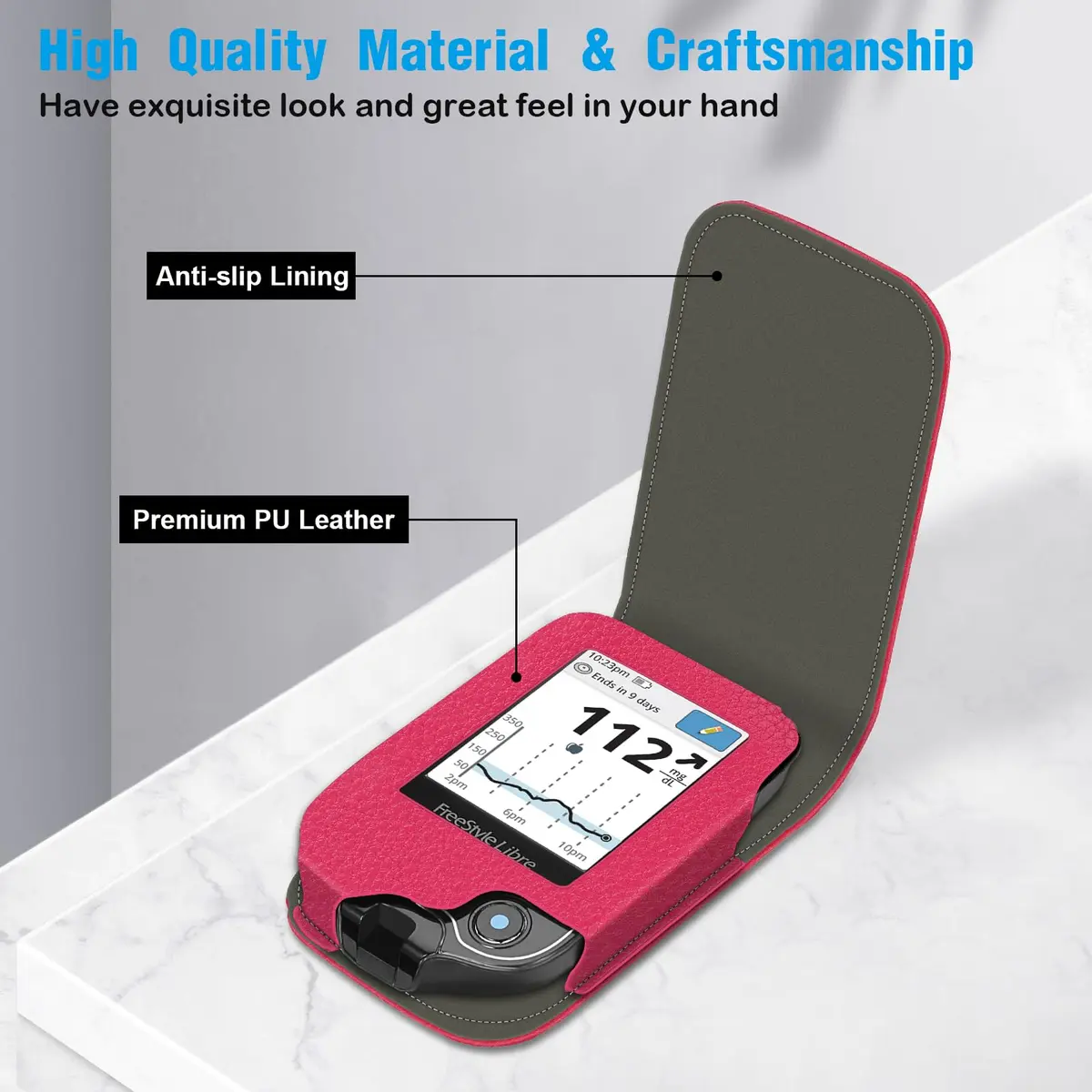 MEDMAX PU Leather Protective Case for Freestyle Libre 3 2 / Libre Reader | Shockproof & Portable Magenta - view 3