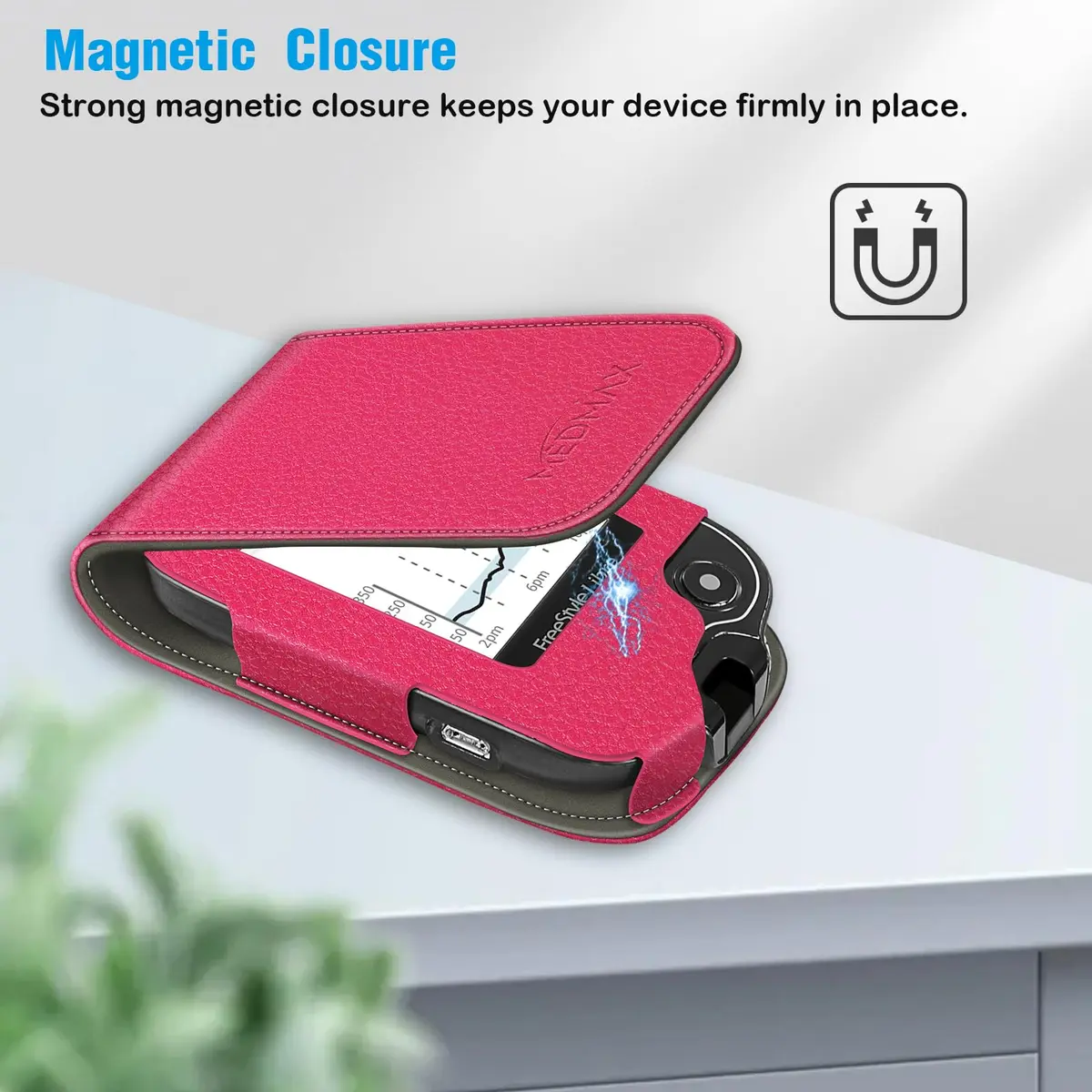 MEDMAX PU Leather Protective Case for Freestyle Libre 3 2 / Libre Reader | Shockproof & Portable Magenta - view 4