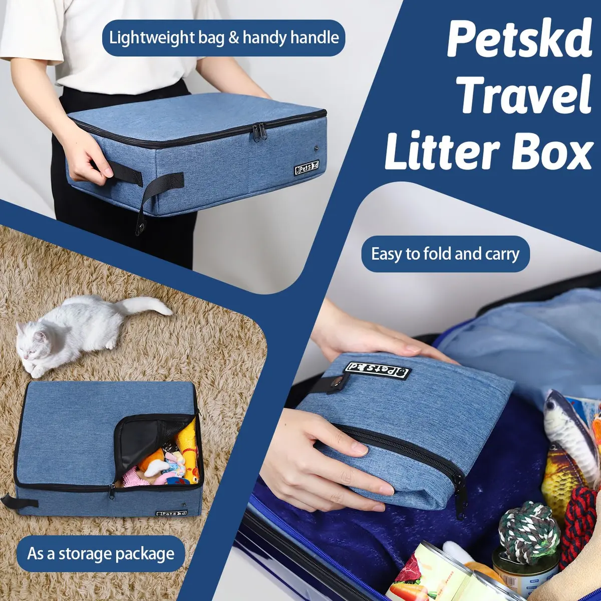 Petskd Portable Cat Travel Litter Box with Lid, Blue 40 cm (15.7 in) | Leakproof & Odor-Preventing for Travel - view 6
