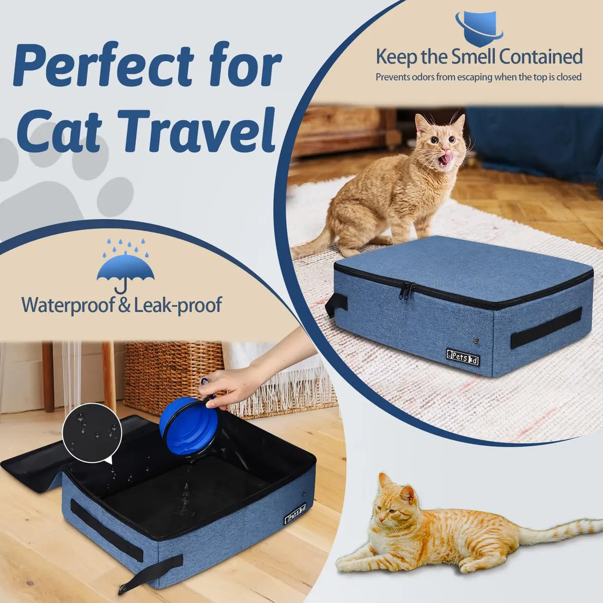 Petskd Portable Cat Travel Litter Box with Lid, Blue 40 cm (15.7 in) | Leakproof & Odor-Preventing for Travel - view 3