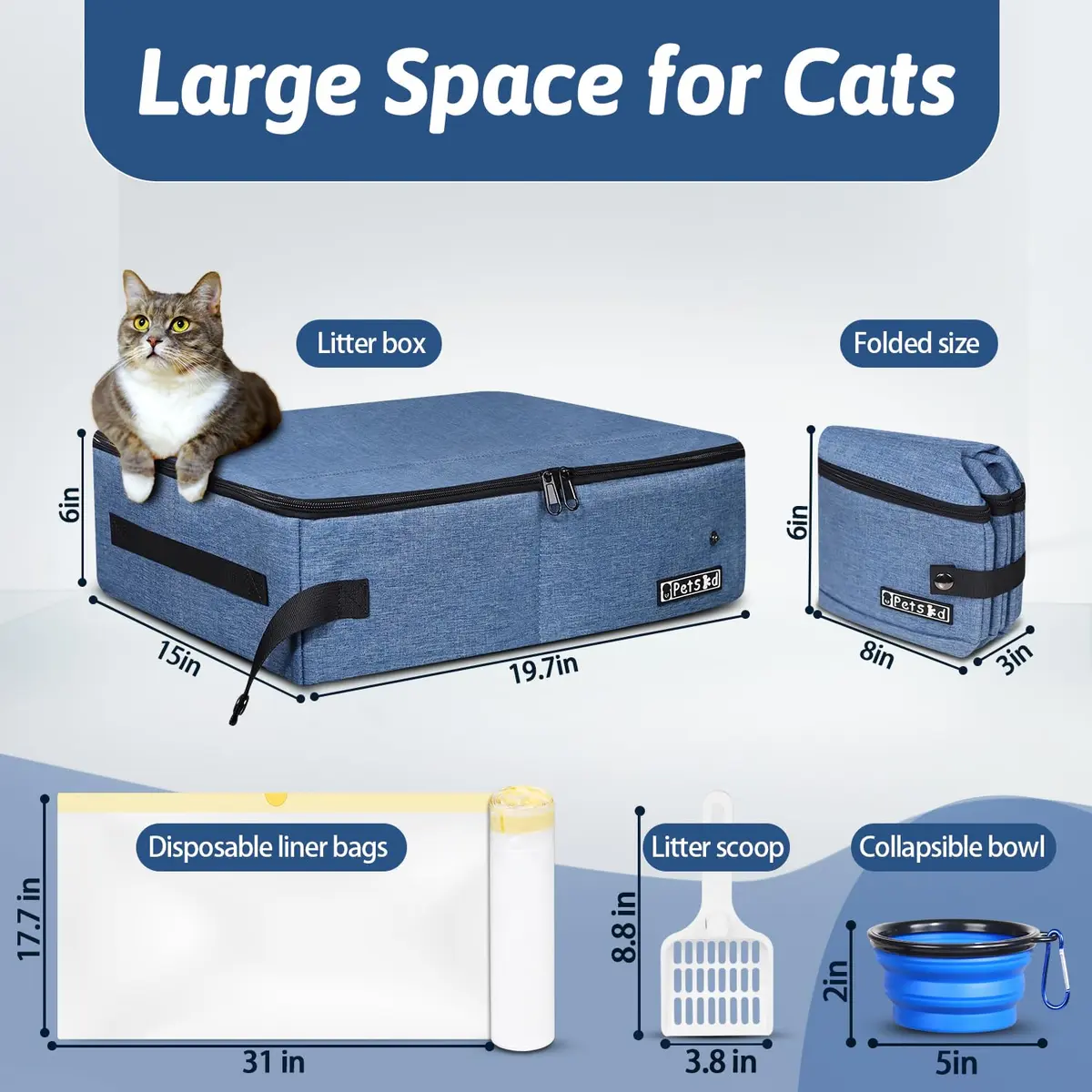 Petskd Portable Cat Travel Litter Box with Lid, Blue 50cm x 38cm x 15cm | Leak-Proof & Odor Control for Travel - view 2