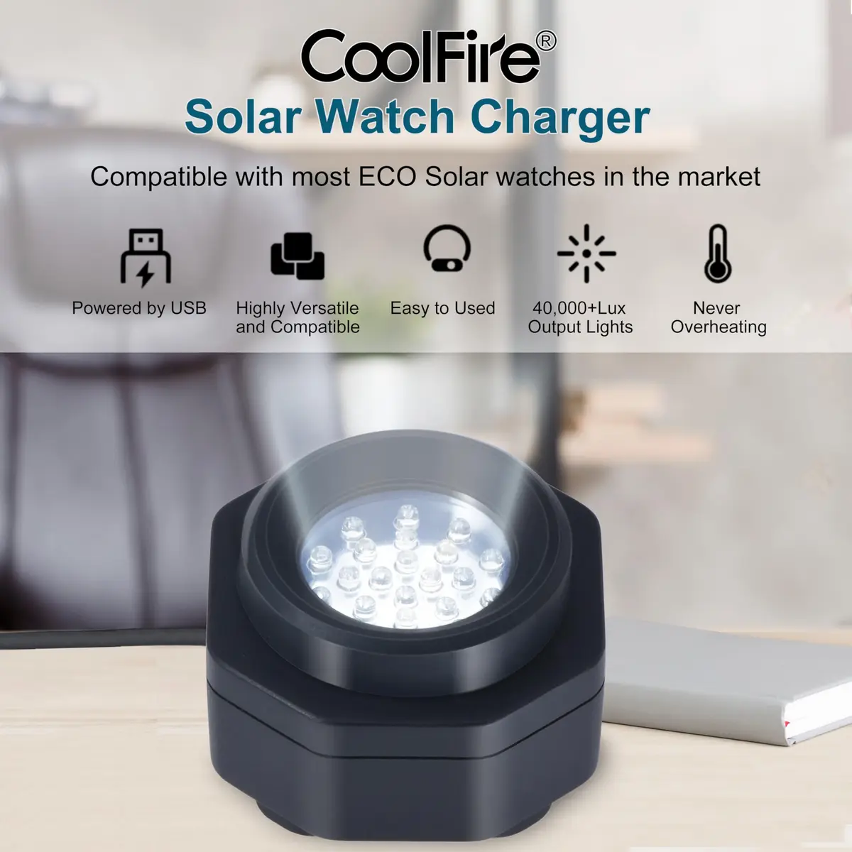 CoolFire Solar Watch Charger USB-C UV-Free Safe 24/7 | Fits G-Shock, Citizen, Seiko, Garmin - view 4