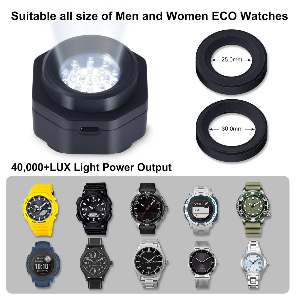 CoolFire Solar Watch Charger USB-C UV-Free Safe 24/7 | Fits G-Shock, Citizen, Seiko, Garmin - view 3