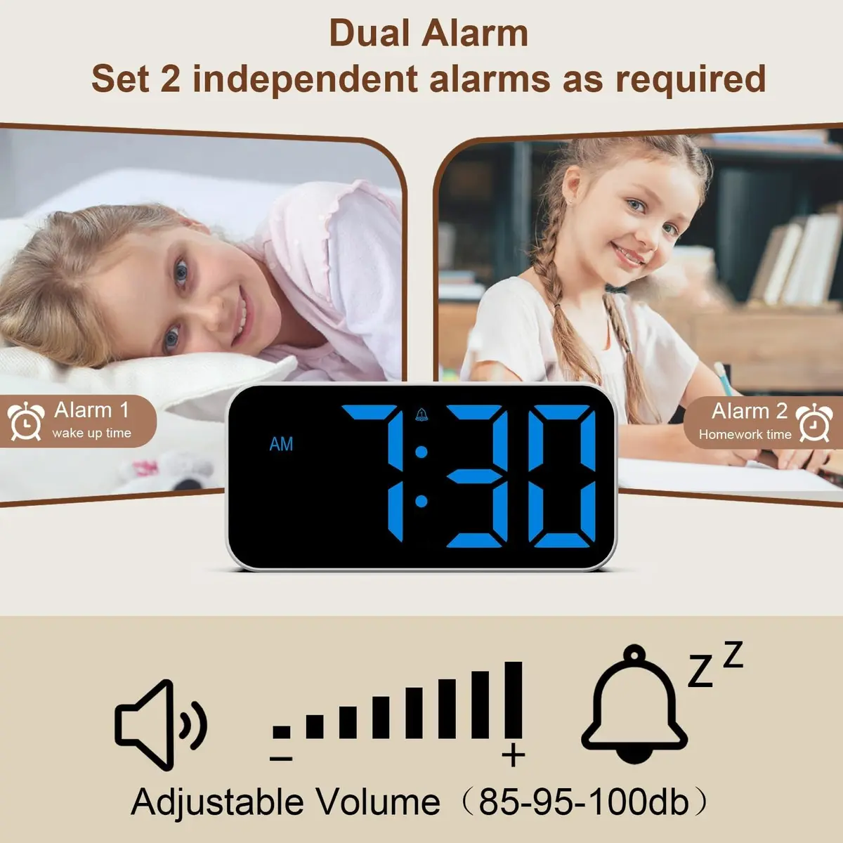 Topski Digital Alarm Clock with Night Light | Large 7-inch Display, Dual Alarm, Snooze, Dimmable Bedside Clock for Kids Teens - view 5