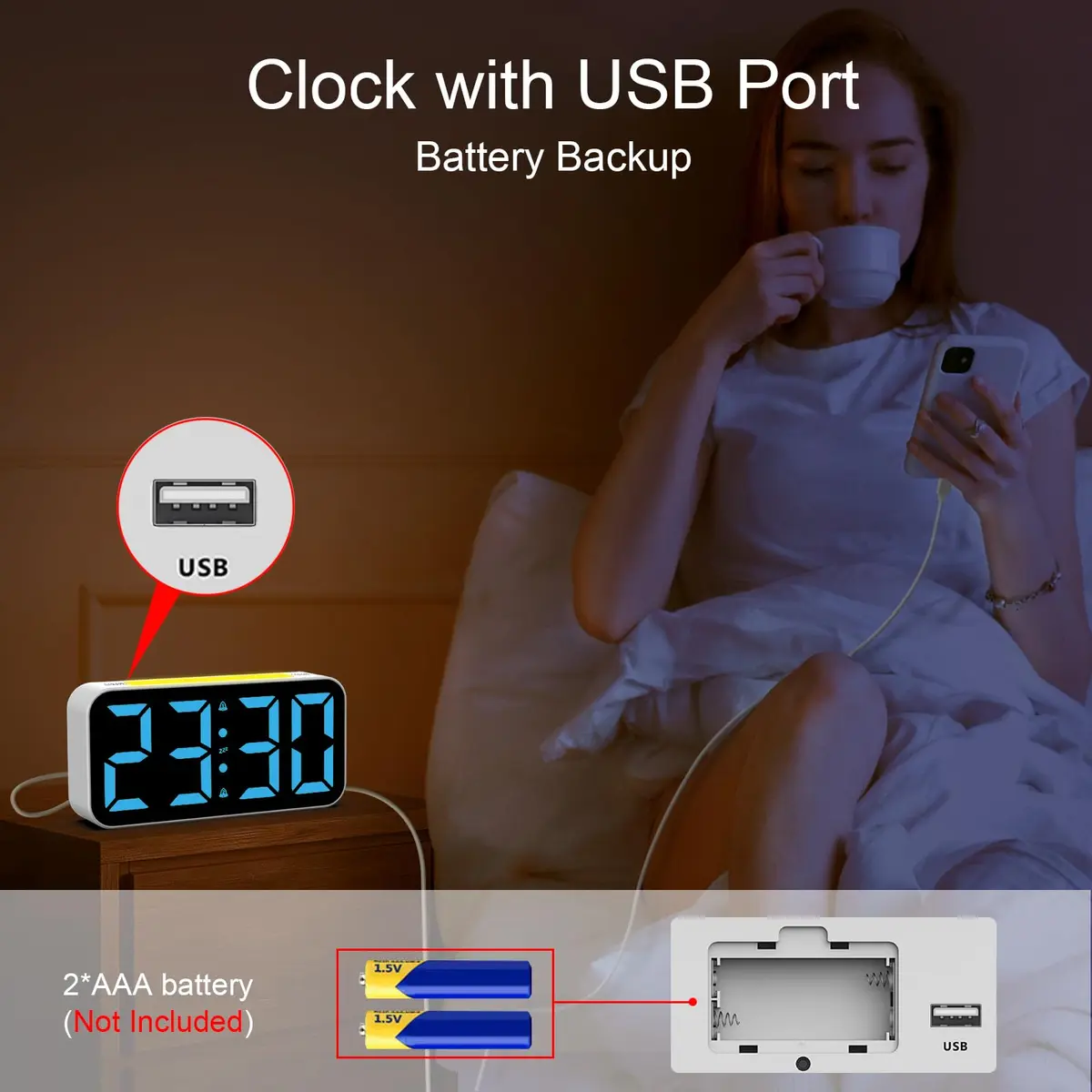 Topski Digital Alarm Clock with Night Light | Large 7-inch Display, Dual Alarm, Snooze, Dimmable Bedside Clock for Kids Teens - view 6