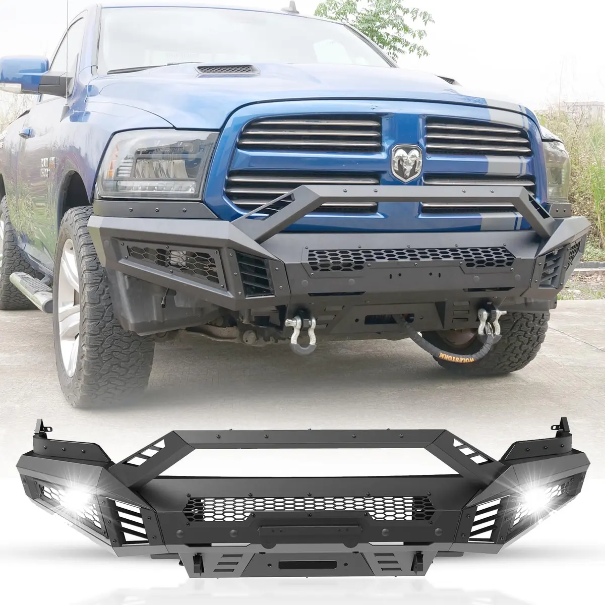 Hawkley Ram 1500 Front Bumper with Bull Bar & Skid Plate | Heavy-Duty Steel, Winch Ready (70-120c) - main product image