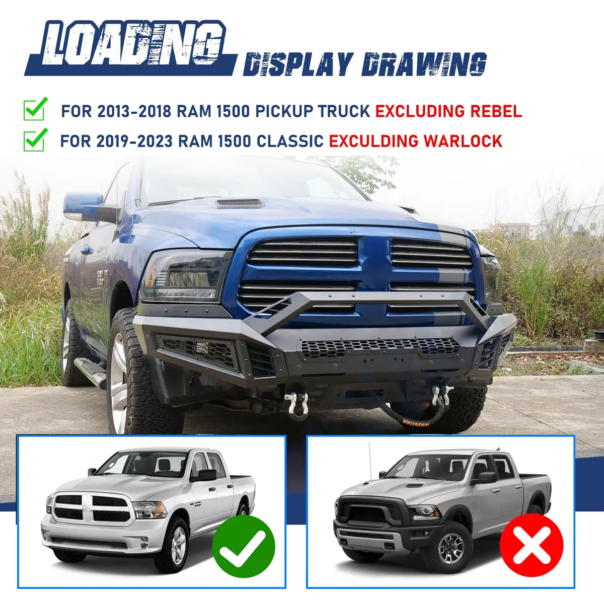 Hawkley Ram 1500 Front Bumper with Bull Bar & Skid Plate | Heavy-Duty Steel, Winch Ready (70-120c) - view 5