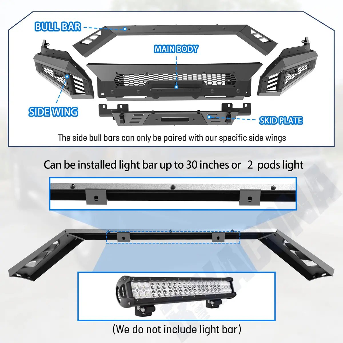 Hawkley Ram 1500 Front Bumper with Bull Bar & Skid Plate | Heavy-Duty Steel, Winch Ready (70-120c) - view 3
