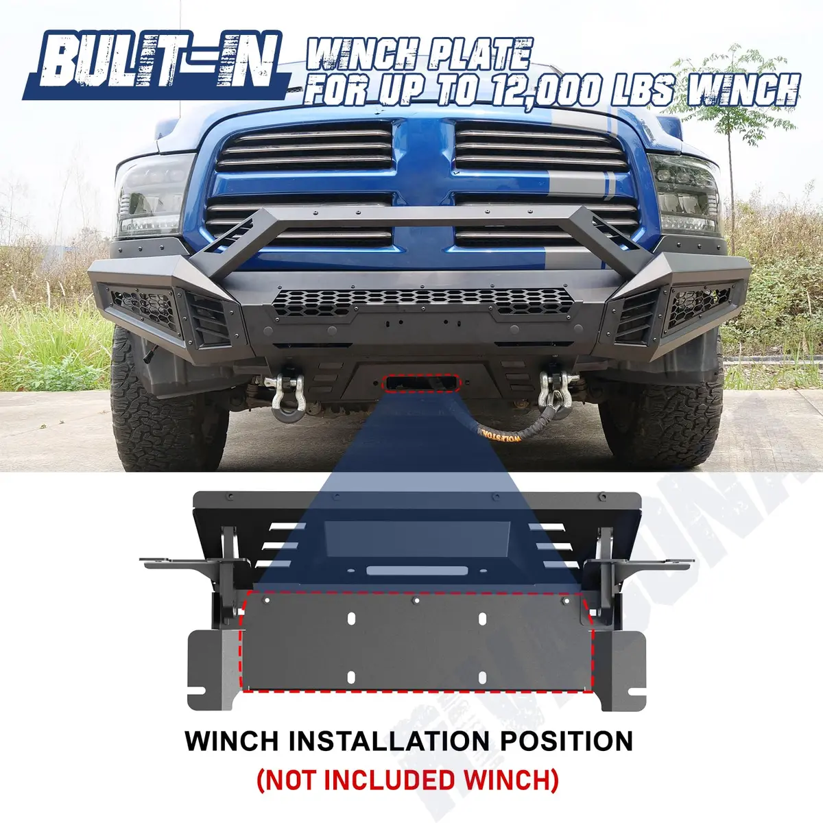 Hawkley Ram 1500 Front Bumper with Bull Bar & Skid Plate | Heavy-Duty Steel, Winch Ready (70-120c) - view 4