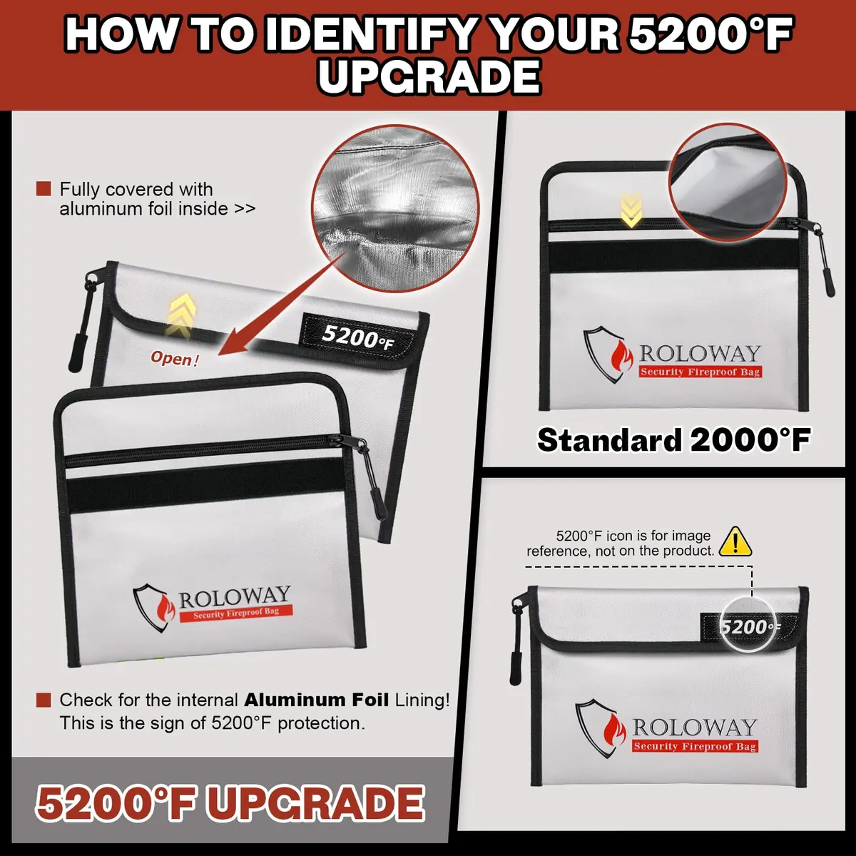 ROLOWAY Fireproof Bag (9.6 x 6.6 inches) 5200℉ Heat Insulated, Fireproof Money Bag with Zipper for Cash (2-Pack) - view 6