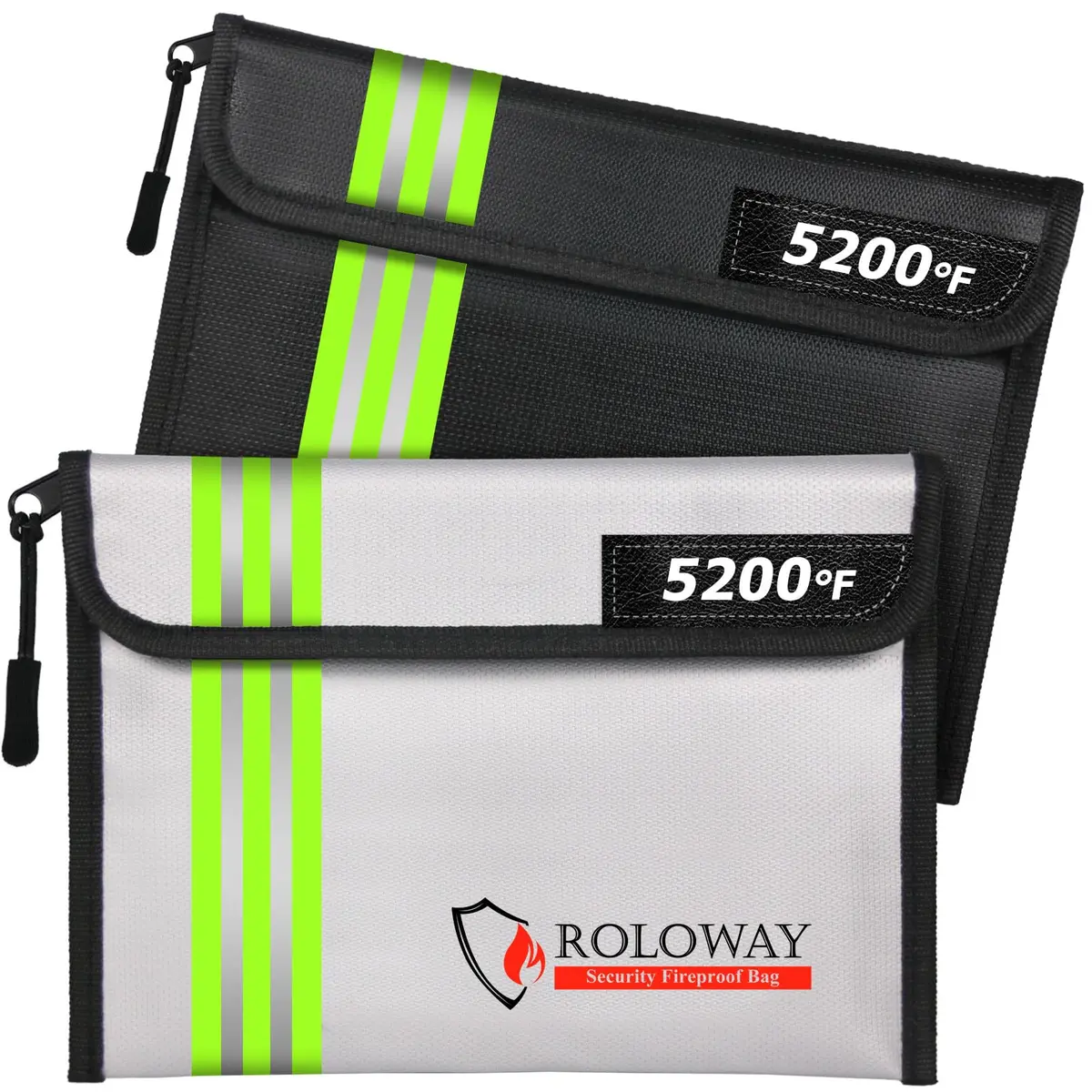 ROLOWAY Fireproof Bag 9.6 x 6.6 inch | Heat Resistant up to 5200°F, Water-Resistant with Reflective Strip (2-Pack) - main product image
