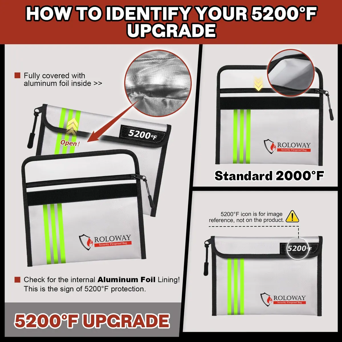 ROLOWAY Fireproof Bag 9.6 x 6.6 inch | Heat Resistant up to 5200°F, Water-Resistant with Reflective Strip (2-Pack) - view 6
