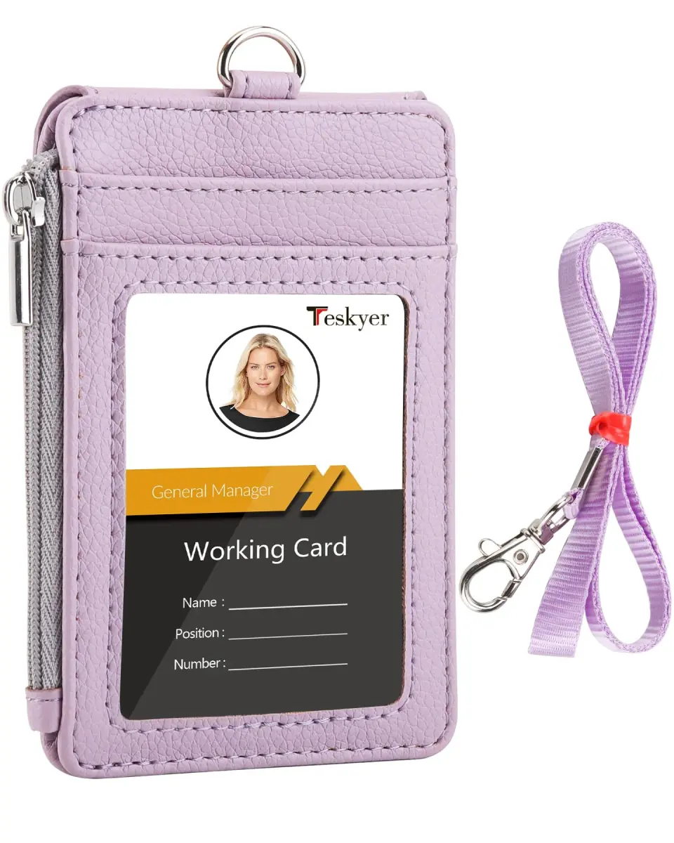 Teskyer Lichee Lilac PU Leather ID Badge Holder with Lanyard & Zipper Pocket - main product image
