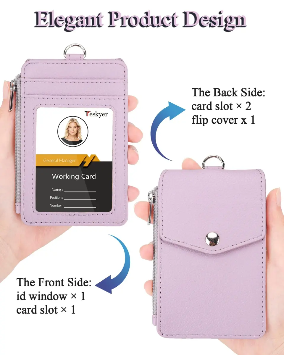 Teskyer Lichee Lilac PU Leather ID Badge Holder with Lanyard & Zipper Pocket - view 3