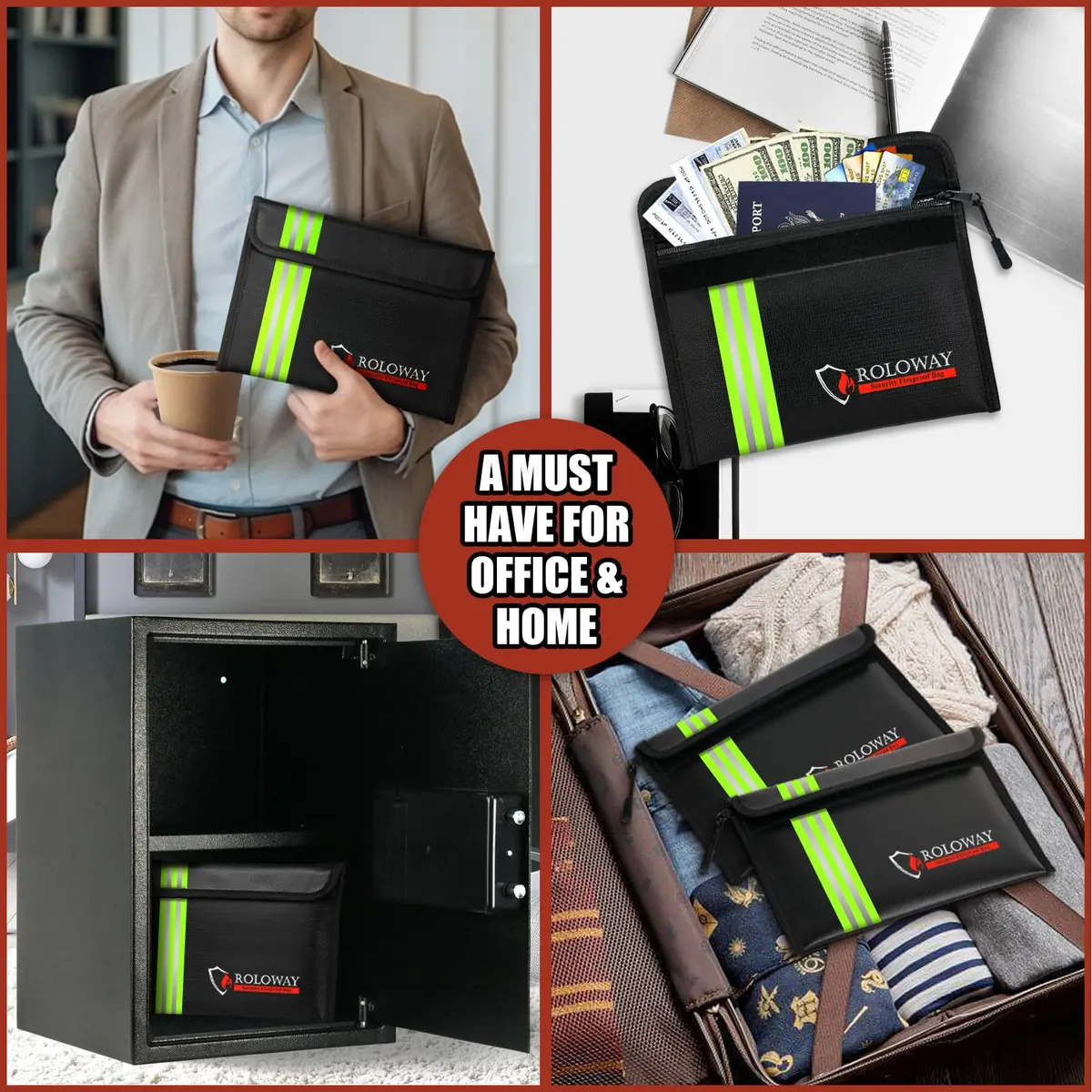 ROLOWAY Fireproof Bag (9.6 x 6.6 inches) 5200°F Heat Insulated with Reflective Strip for Cash & Documents - view 7