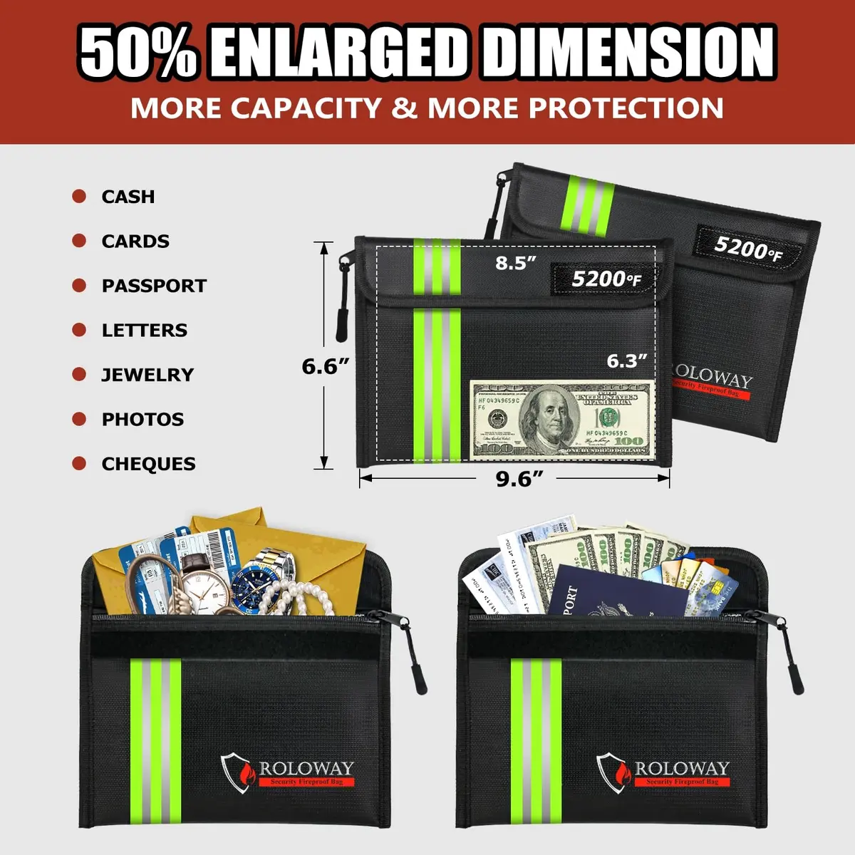 ROLOWAY Fireproof Bag (9.6 x 6.6 inches) 5200°F Heat Insulated with Reflective Strip for Cash & Documents - view 4