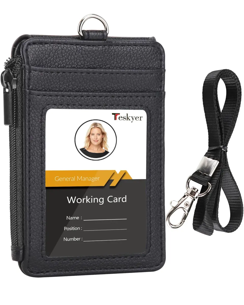 Teskyer Lichee Black PU Leather ID Badge Holder with Lanyard & Zipper Pocket | 4 Card Slots, 1 Clear ID Window - main product image