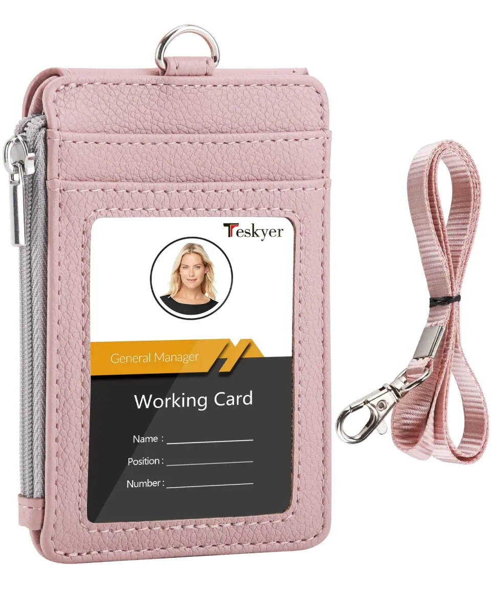 Teskyer Lichee Dark Pink PU Leather ID Badge Holder with Lanyard & Zipper Pocket - main product image