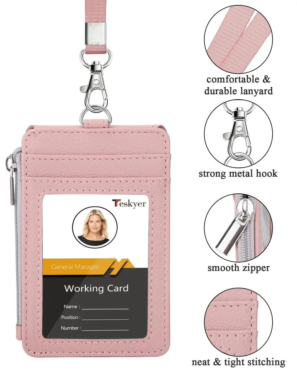 Teskyer Lichee Dark Pink PU Leather ID Badge Holder with Lanyard & Zipper Pocket - view 2