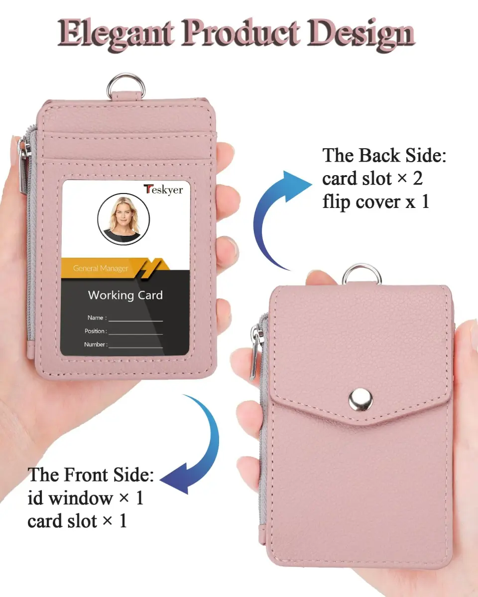 Teskyer Lichee Dark Pink PU Leather ID Badge Holder with Lanyard & Zipper Pocket - view 3