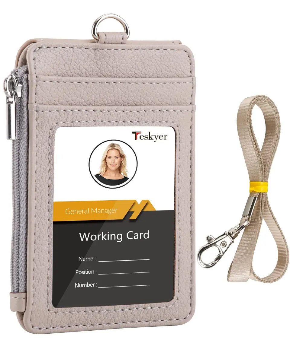 Teskyer Lichee Beige PU Leather ID Badge Holder with Lanyard & Zipper Pocket | 4 Card Slots, 1 Clear ID Window - main product image