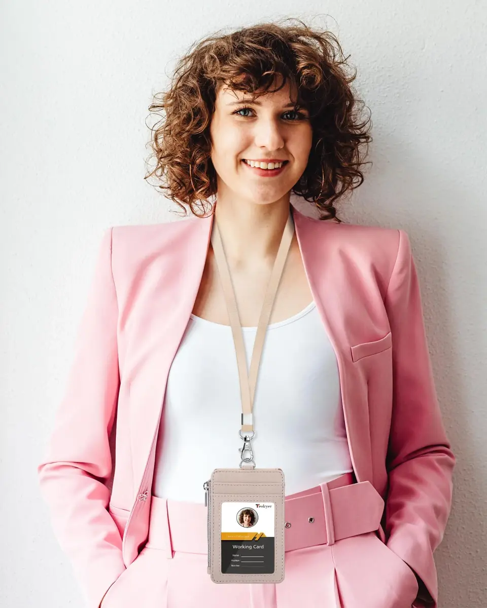 Teskyer Lichee Beige PU Leather ID Badge Holder with Lanyard & Zipper Pocket | 4 Card Slots, 1 Clear ID Window - view 2