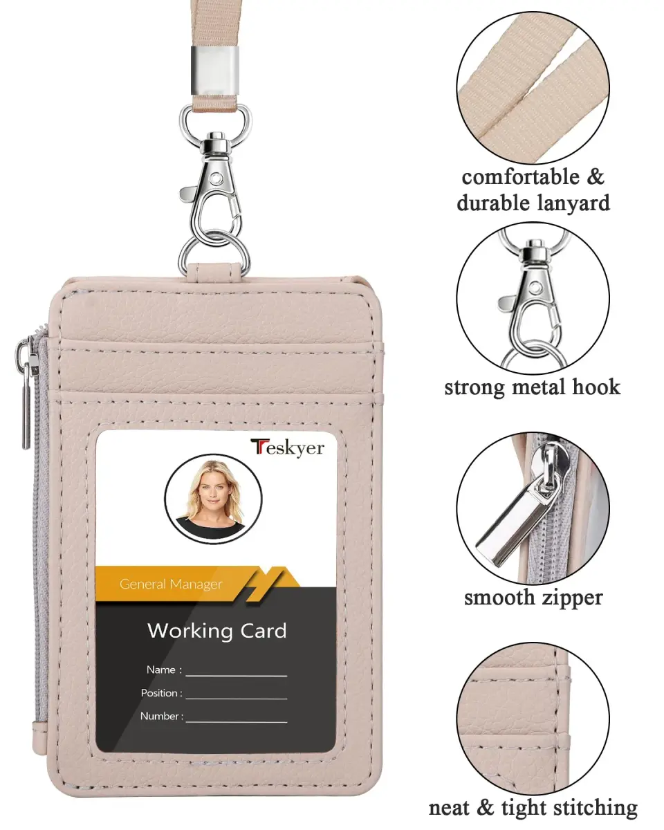 Teskyer Lichee Beige PU Leather ID Badge Holder with Lanyard & Zipper Pocket | 4 Card Slots, 1 Clear ID Window - view 3