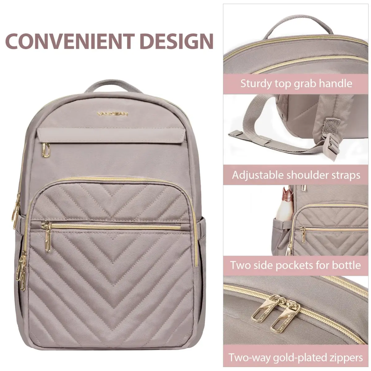 VANKEAN 17.3-inch Laptop Backpack for Women Large Capacity | Quilted Light Dusty Pink/Grey Purple - view 7