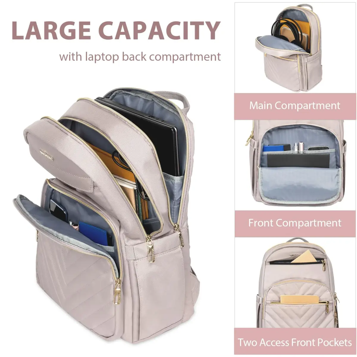 VANKEAN 17.3-inch Laptop Backpack for Women Large Capacity | Quilted Light Dusty Pink/Grey Purple - view 2