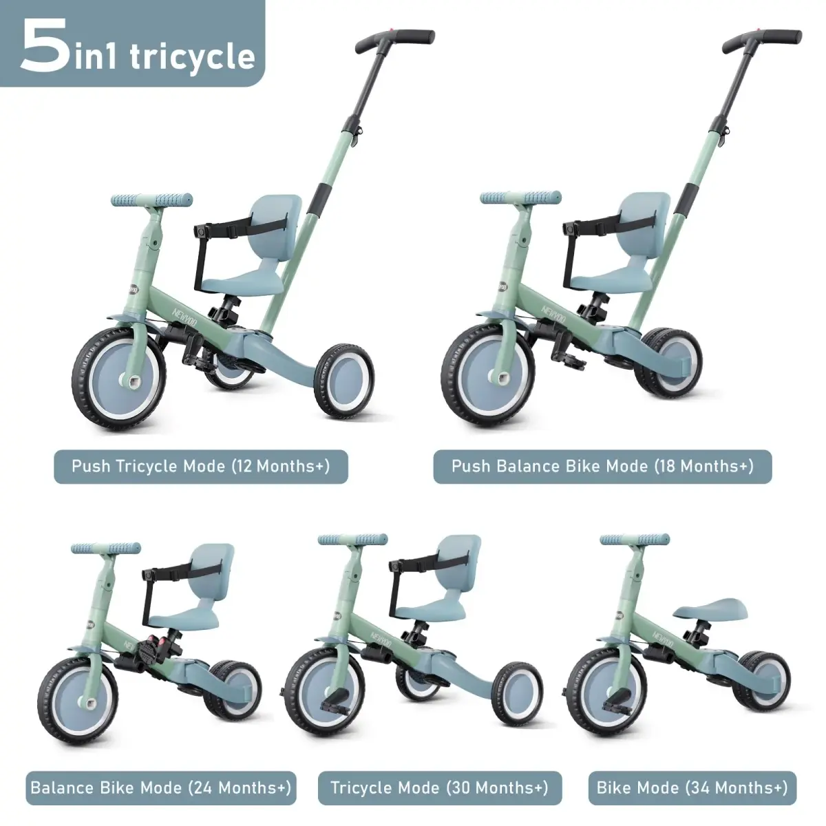 newyoo TR007 5-in-1 Toddler Tricycle & Balance Bike Green | ASTM & EN188 Approved - view 2