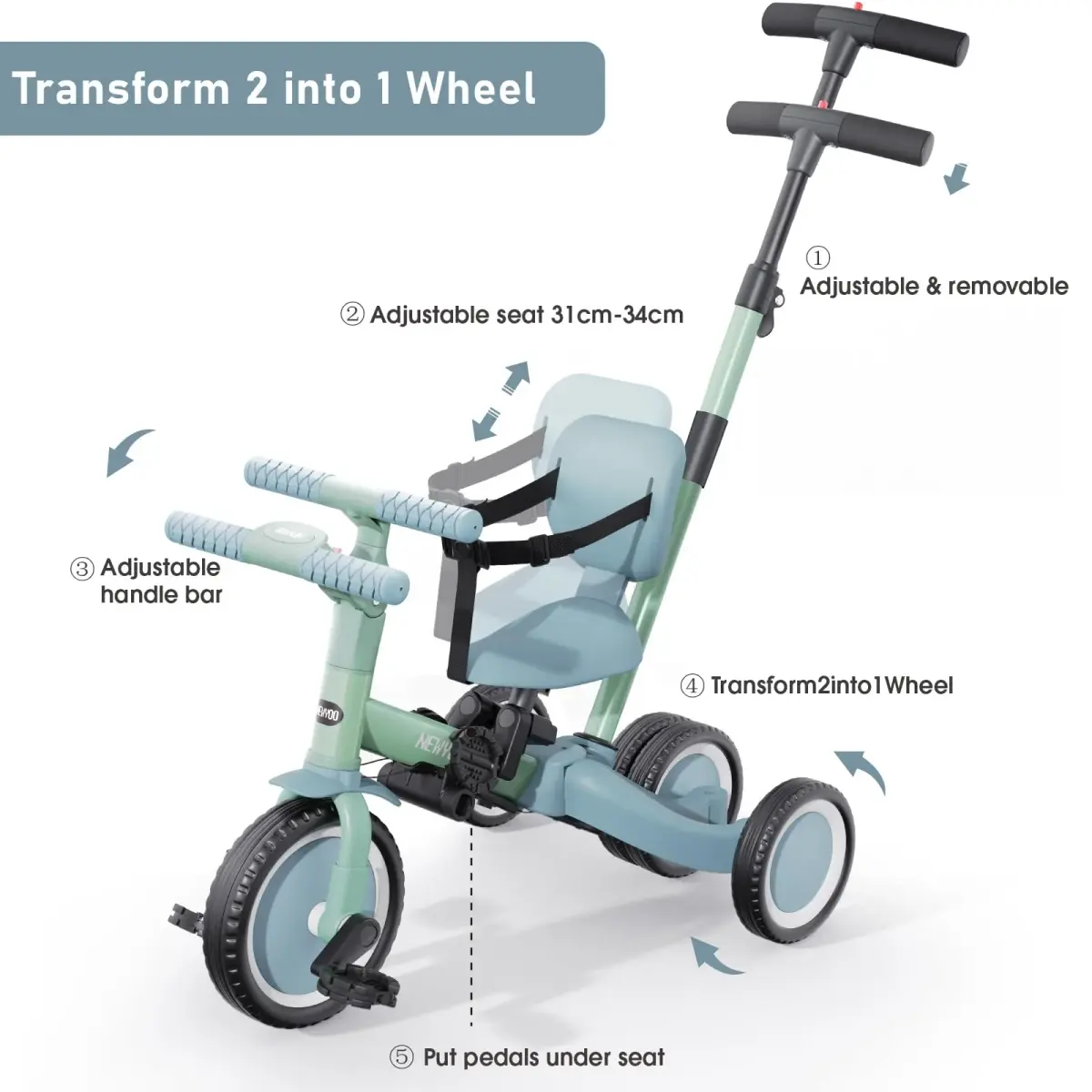 newyoo TR007 5-in-1 Toddler Tricycle & Balance Bike Green | ASTM & EN188 Approved - view 3