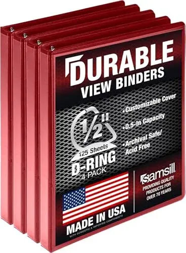 Samsill Durable 1.3cm (0.5 Inch) 4 Pack Binder, D-Ring, Red | Value Pack Storage Binder for Students - view 3