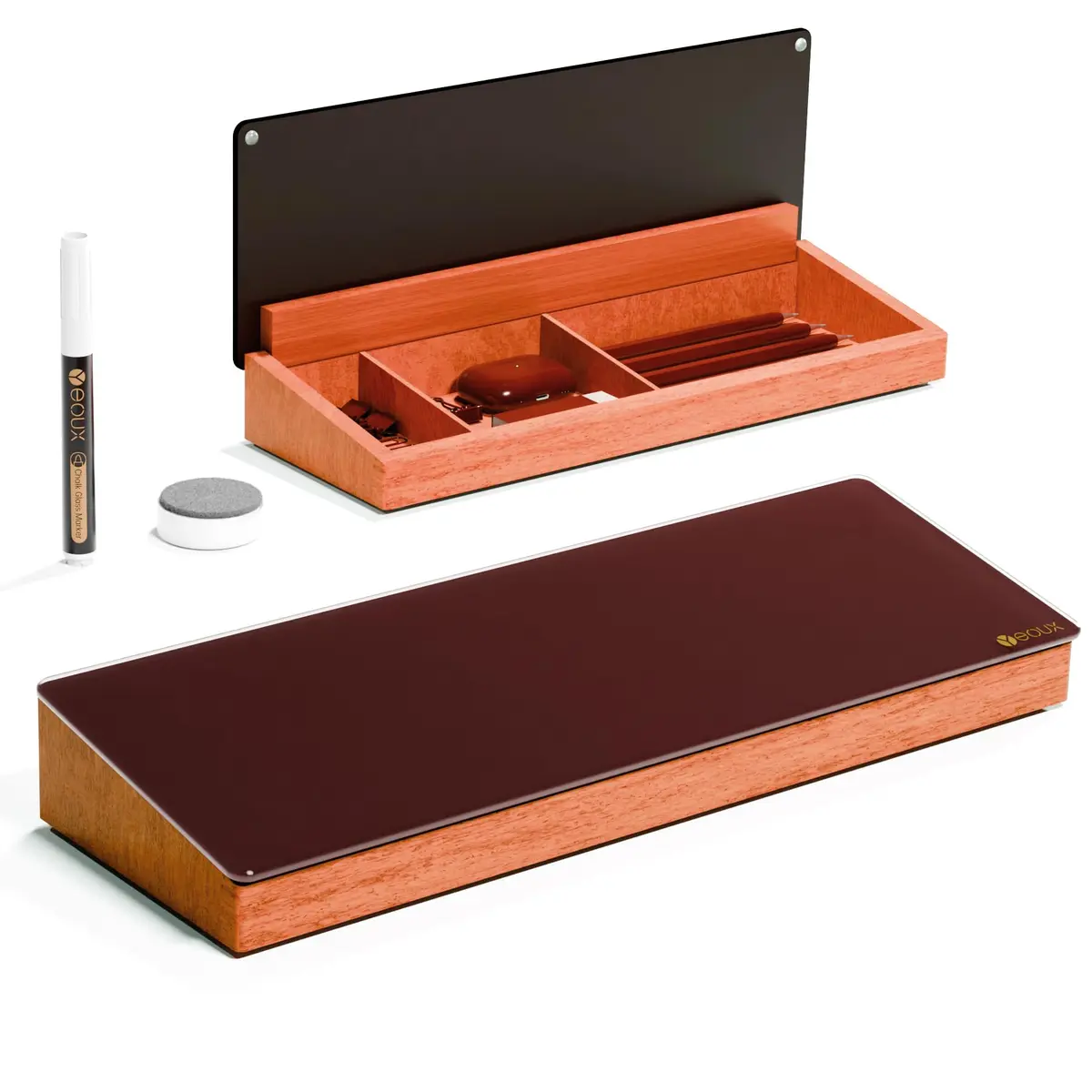 YEOUX Desktop Black Glass Dry Erase Board with Wood Organizers 14"W x 2.4"H | Elegant Office Whiteboard - main product image